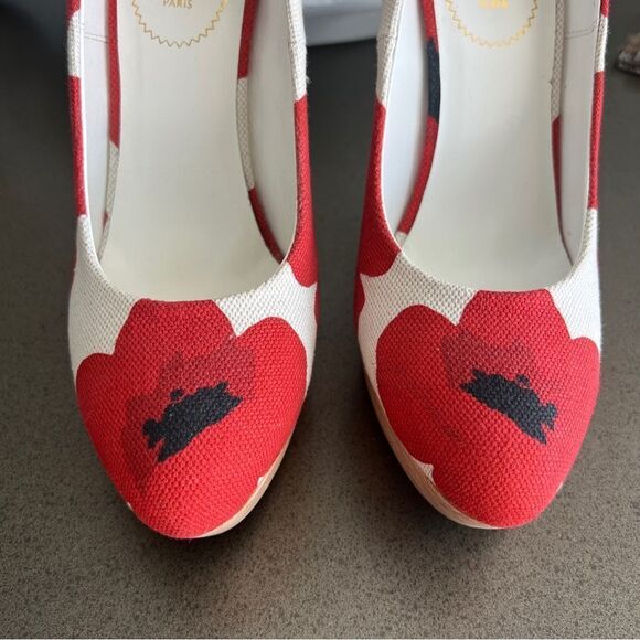 YSL Red Floral Canvas Wedge Heels - Size 40 - Picture 6 of 10